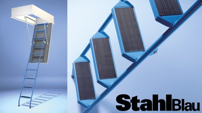 Abbildung: Wellhöfer Bodentreppe StahlBlau. Die dreiteilige Bodentreppe für besondere Ansprüche.