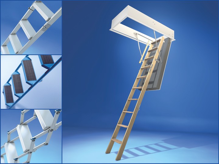 Abbildung Wellhöfer Bodentreppen Programm. Für jede Anforderung die richtige Bodentreppe: GutHolz, AluDrei, StahlBlau, Liliput.