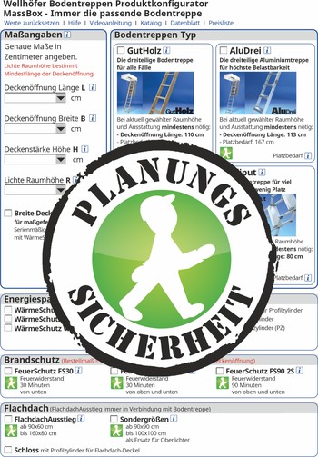 Abbildung Wellhöfer PlanungsSicherheit: Individuelle Bodentreppen einfach und fehlerfrei konfigurieren und sofort direkt in Ihr LV kopieren. MassBox Produktkonfigurator.