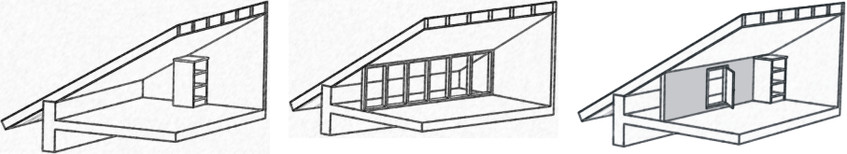 Skizzen Stauraum statt Staubecke: Drempel nutzen - Ordnung schaffen. Abseitenwand einziehen und Kniestocktüren einsetzen.