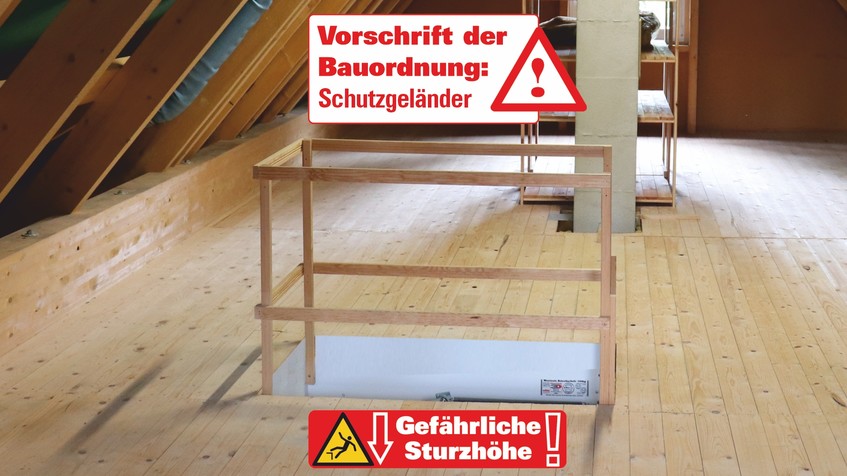 Abbildung: Vorschrift der Bauordnung: Schutzgeländer bei Bodentreppen. Auch im selbstgenutzten Eigenheim. Das Wellhöfer Schutzgeländer kann nachgerüstet werden und ist stabilitätsgepfrüft.