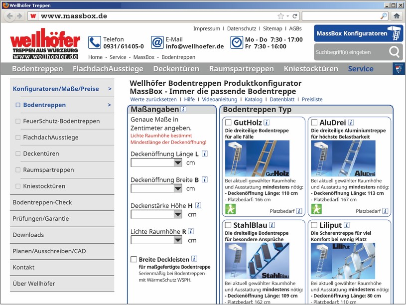 Abbildung zu Produktkonfigurator zur Auswahl der passenden Bodentreppe: Immer alle 4 Maße angeben! Deckenöffnung Länge und Breite, Deckenstärke, lichte Raumhöhe. Treppentyp wählen. WärmeSchutz Dämmung, Schutzgeländer, Handlauf nicht vergessen. Einfach und sicher die richtige Dachbodentreppe im Produktkonfigurator individuell zusammenstellen: www.massbox.de