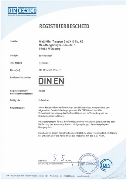 DIN EN 14975 Bodentreppen Zertifikat Wellhöfer