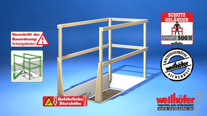 Abbildung: Vorschrift der Bauordnung: Schutzgeländer bei Bodentreppen. Auch im selbstgenutzten Eigenheim. Das Wellhöfer Schutzgeländer kann nachgerüstet werden und ist stabilitätsgepfrüft.